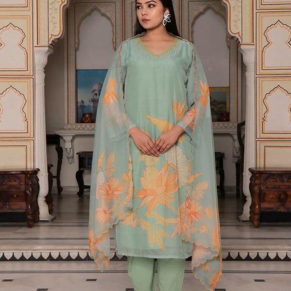 Vaasva Women Teal Green Tabby Slik Print & Embroidered Kurta, Pant & Dupatta set - Distacart