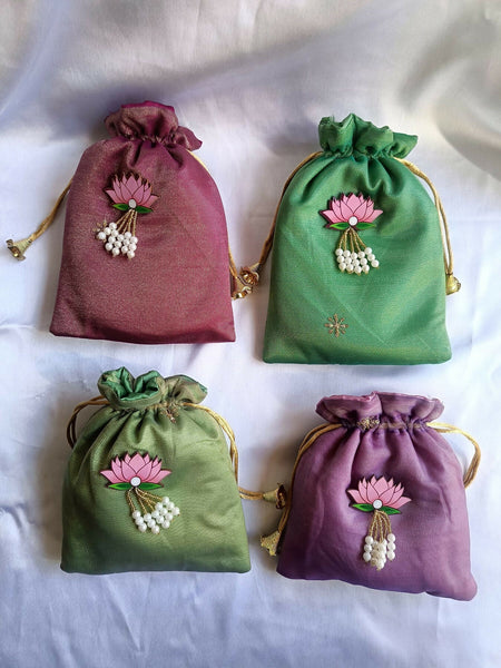 Joban Fashion 6*8 Inch Lotus Designer Potli Bags For Giveaways ( Pack Of 4 ) - Multicolor