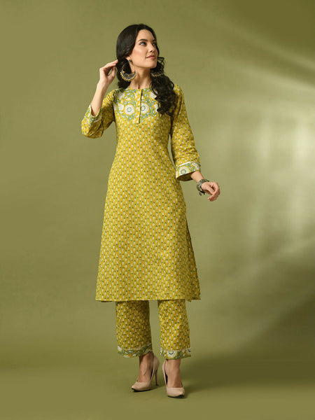Myshka Women's Yellow Printed Cotton Straight Party Kurta Set - Distacart