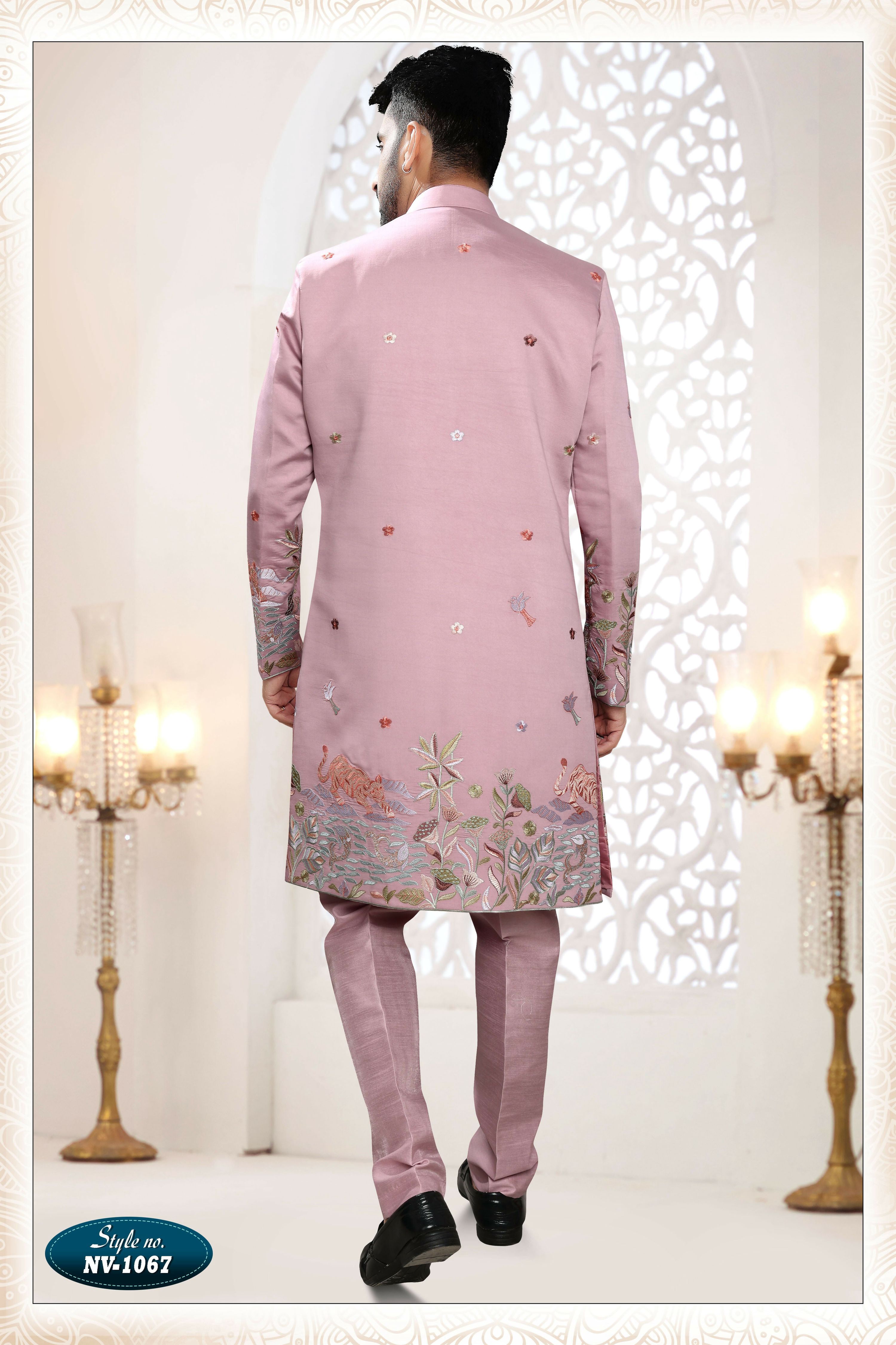 Joban Fashion Men's Pink Straight Silk Thread And Sequence Embroidery All Over 3 Pc Kurta Set - Distacart