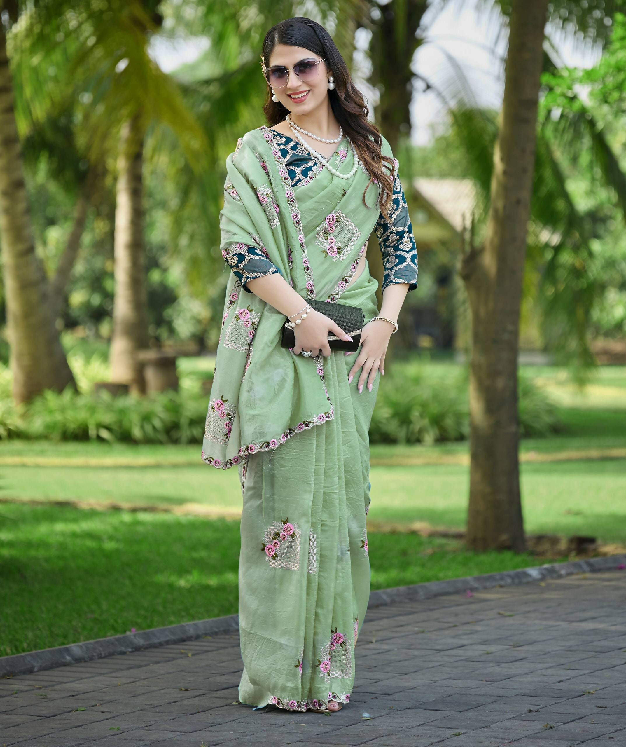 Teeya Creation Pista Color Pure Paper Silk Heavy Embroidery Work Wedding Wear Saree - Distacart