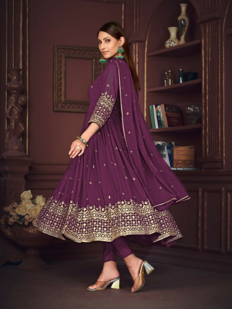 Jyoti Fashion Women's Purple Georgette Embroidered Anarkali Kurta Pant Set With Dupatta - Distacart