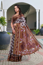 Thumbnail for Prime Volt Women's Brown Printed Mal Cotton Saree with Designer Blouse Piece - Distacart