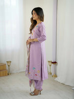 Thumbnail for The52 Lavender Women's Gorgeous Embroidered work Viscose Gadhwal Fabric Straight Kurta, Pant and Dupatta Set - Distacart