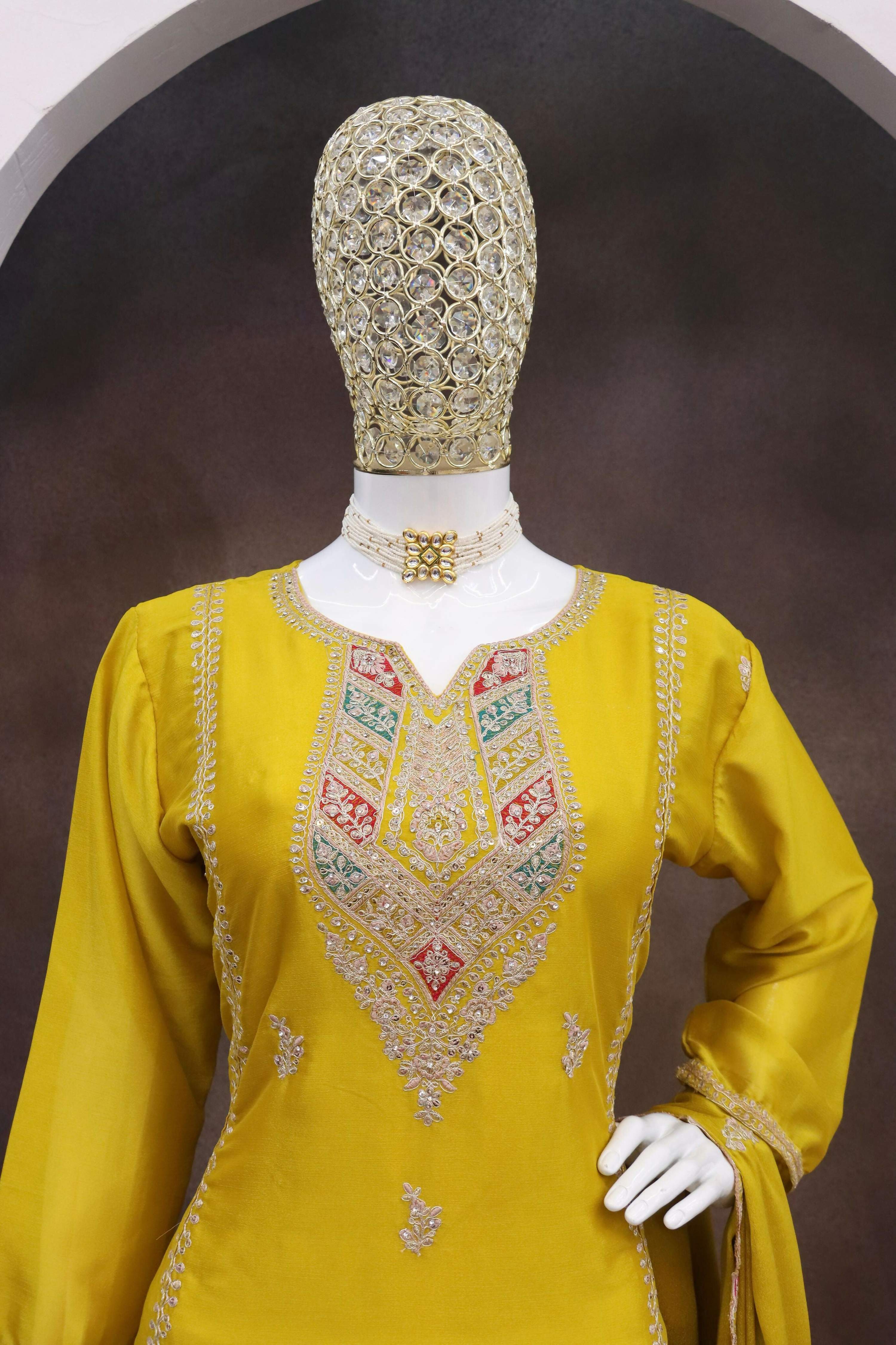 Anaita Yellow Heavy Chinon Readymade Suit with Embroidery & Sequence Work