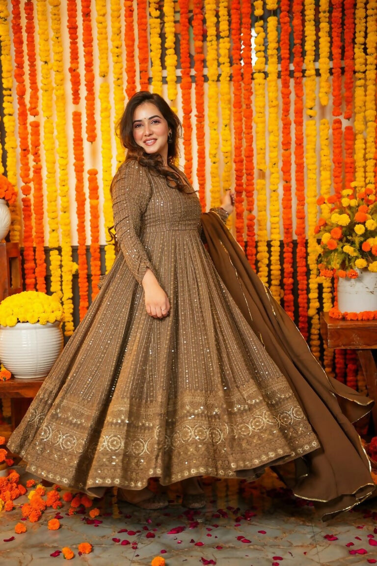 Jyoti Fashion Women's Brown Faux Georgette Zari Embroidery with Sequence Anarkali Dress with Dupatta - Distacart