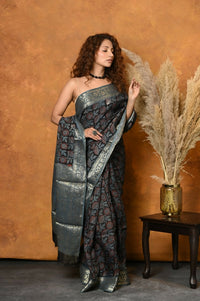 Thumbnail for Very Much Indian Modal Silk Ajrakh Handblock Printed Natural Dyes With Designer Border Saree - Blue - Distacart