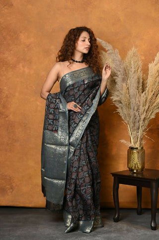 Very Much Indian Modal Silk Ajrakh Handblock Printed Natural Dyes With Designer Border Saree - Blue - Distacart