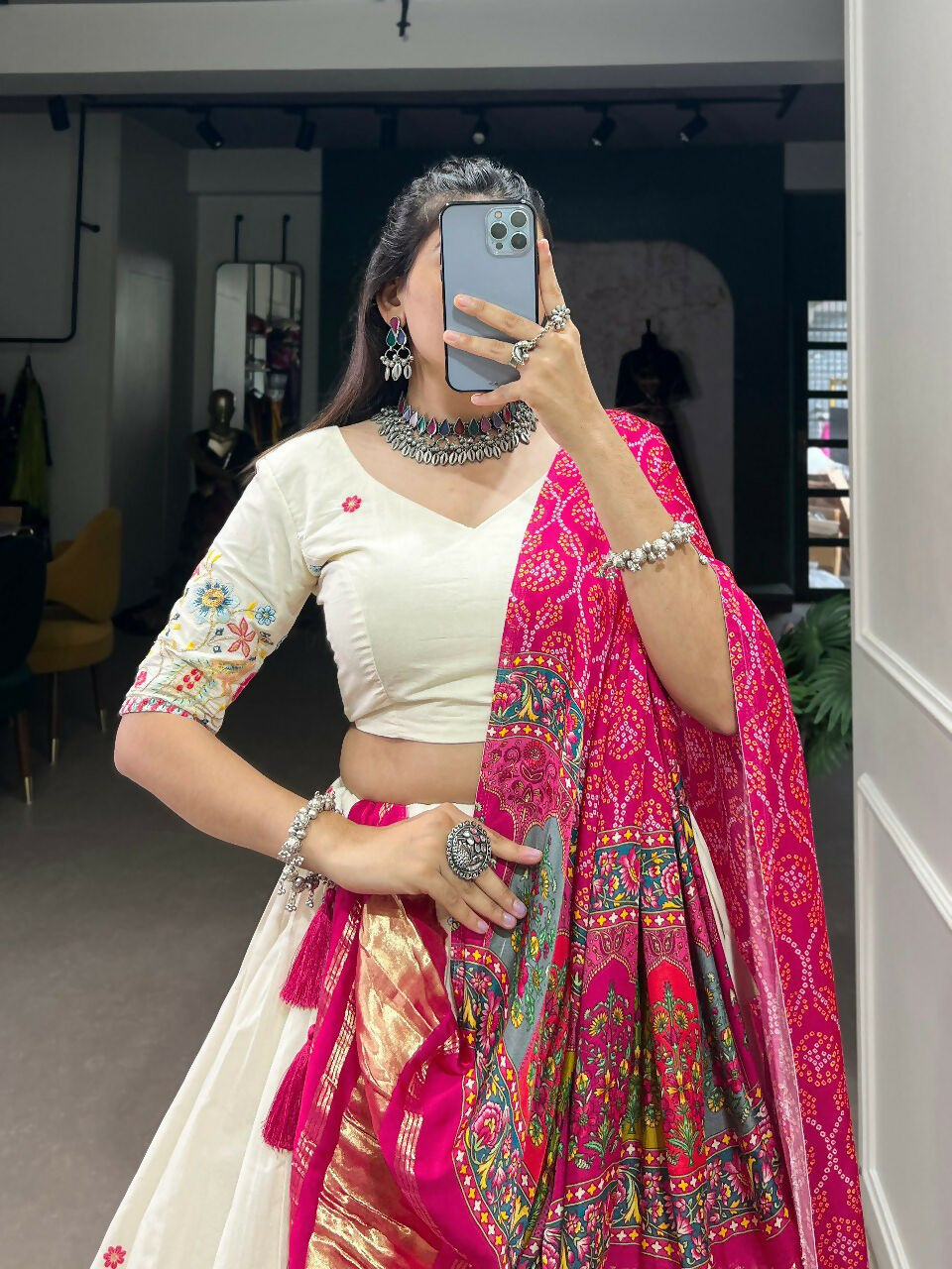 Vastranavya Traditional Special Khadi Cotton Sequins And Thread Embroidery Work Lehenga with Unstitched Blouse - White - Distacart