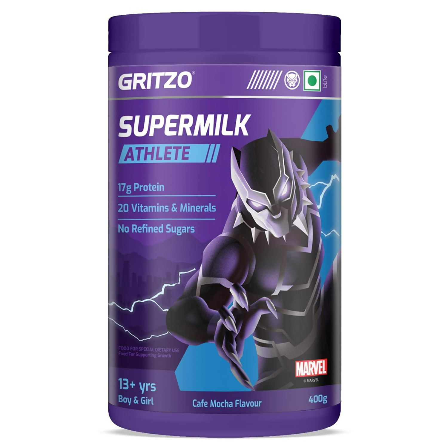 Gritzo SuperMilk Athlete Black Panther (13+y Boy & Girl), 17g Protein Powder (Cafe Mocha) - Distacart
