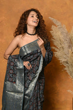 Thumbnail for Very Much Indian Modal Silk Ajrakh Handblock Printed Natural Dyes With Designer Border Saree - Blue - Distacart