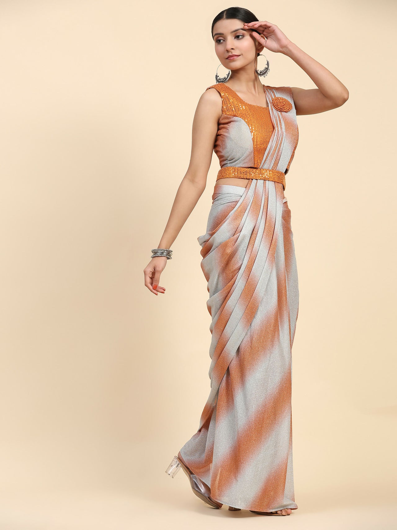 Orange Polyester Solid Ready to Wear Saree with stitched Blouse - Aayan - Distacart