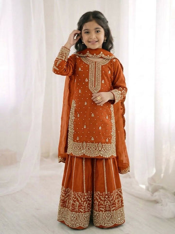Teeya Creation New Trendy Fully Stitched Ready to Wear Kids Kurta Palazzo Set-Orange - Dista