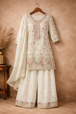 Thumbnail for Anaita White Chinon Stitched Plazzo Suit With Embroidery Work - Distacart
