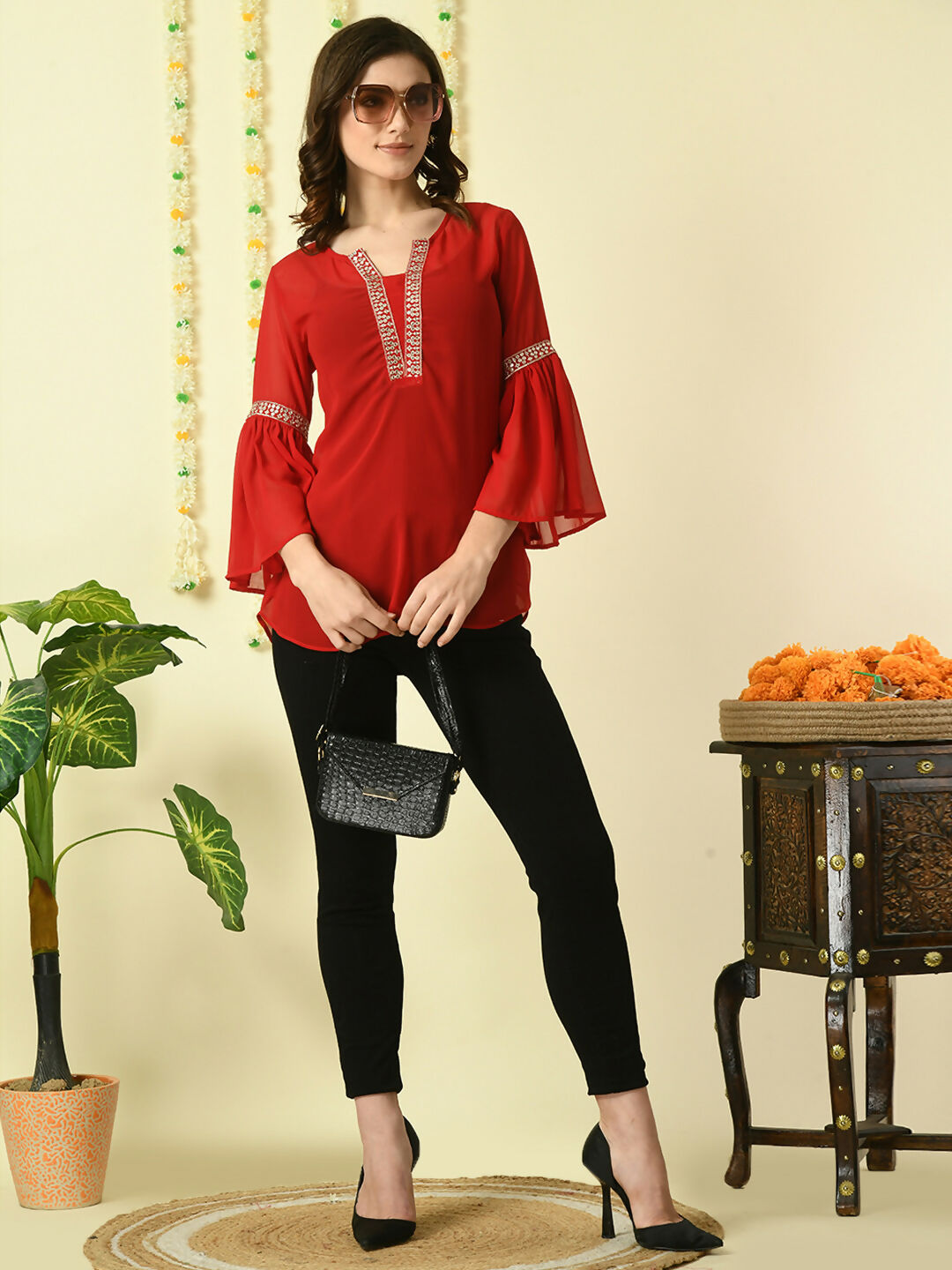 Myshka Women's Red Embroidered Party Fusion Top - Distacart