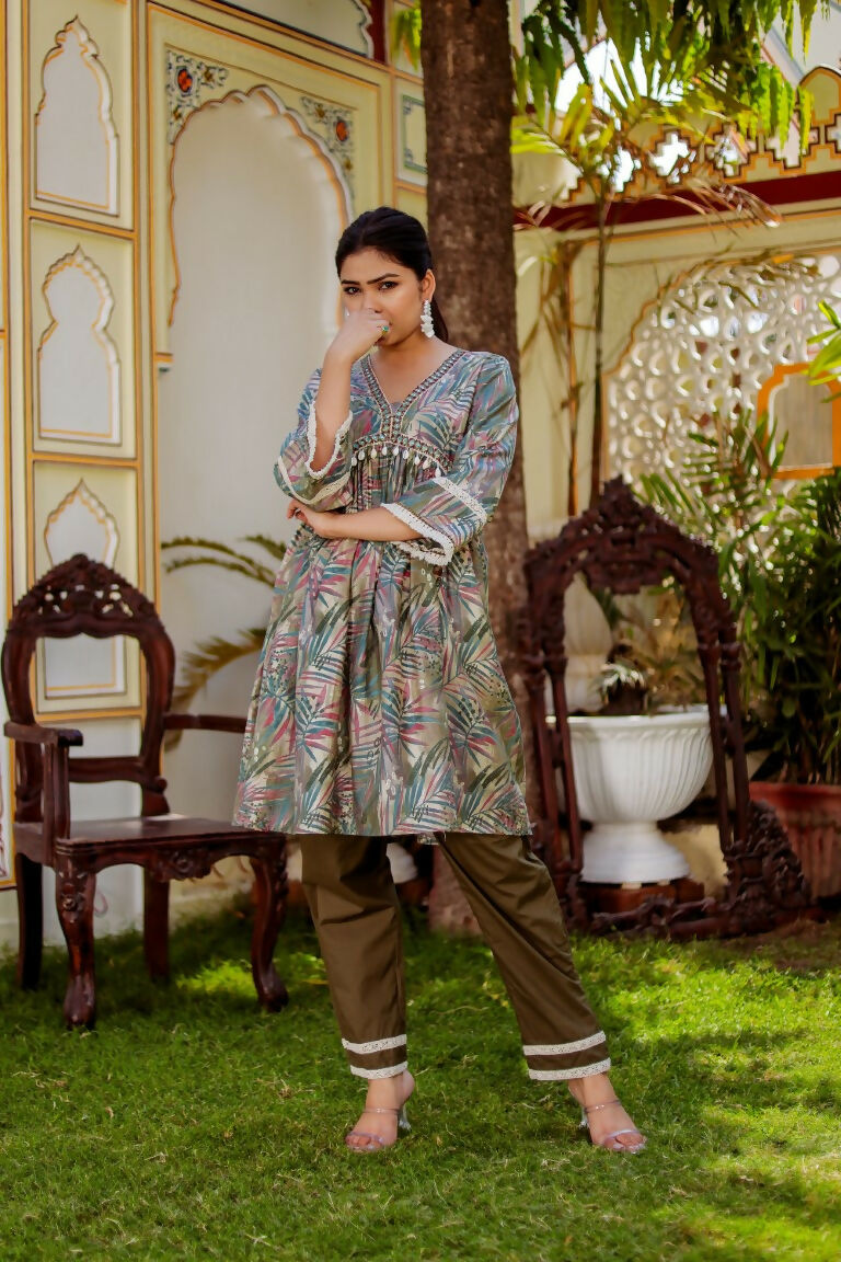 Vaasva Women Olive Green Muslin Floral Print Alia cut Kurta & Pant (Cord set) - Distacart