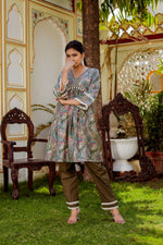 Thumbnail for Vaasva Women Olive Green Muslin Floral Print Alia cut Kurta & Pant (Cord set) - Distacart