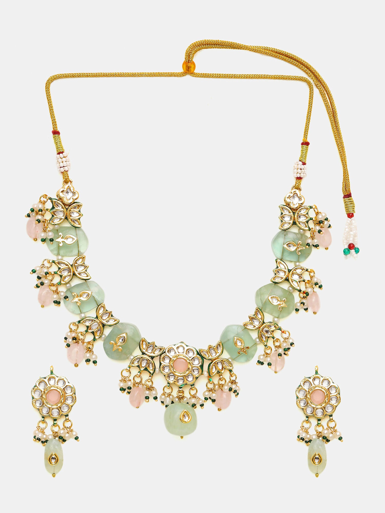 Ruby Raang Gold Polished Green Kundan And Mint Colored Stonework Necklace With Matching Earrings