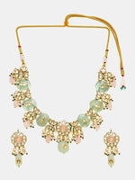 Thumbnail for Ruby Raang Gold Polished Green Kundan And Mint Colored Stonework Necklace With Matching Earrings