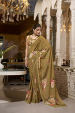 Thumbnail for Vastranavya Brown Spectacular Georgette Printed with Pearl Lace Saree with Unstitched Blouse - Distacart