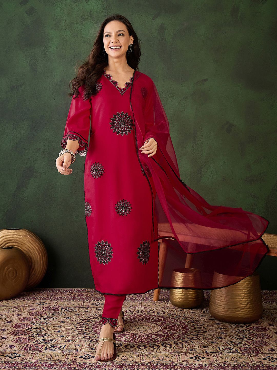 Sangria Zari Sequence Embroidered Kurta & Trouser With Dupatta