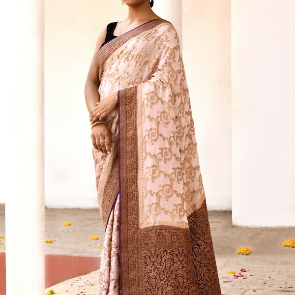 Joban Fashion Ivory Crepe Chiffon Pure Handloom Banarasi Silk Saree