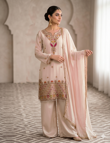 Teeya Creation Designer Baby Pink Festive Palazzo Suit Set with Heavy Embroidery - Dista