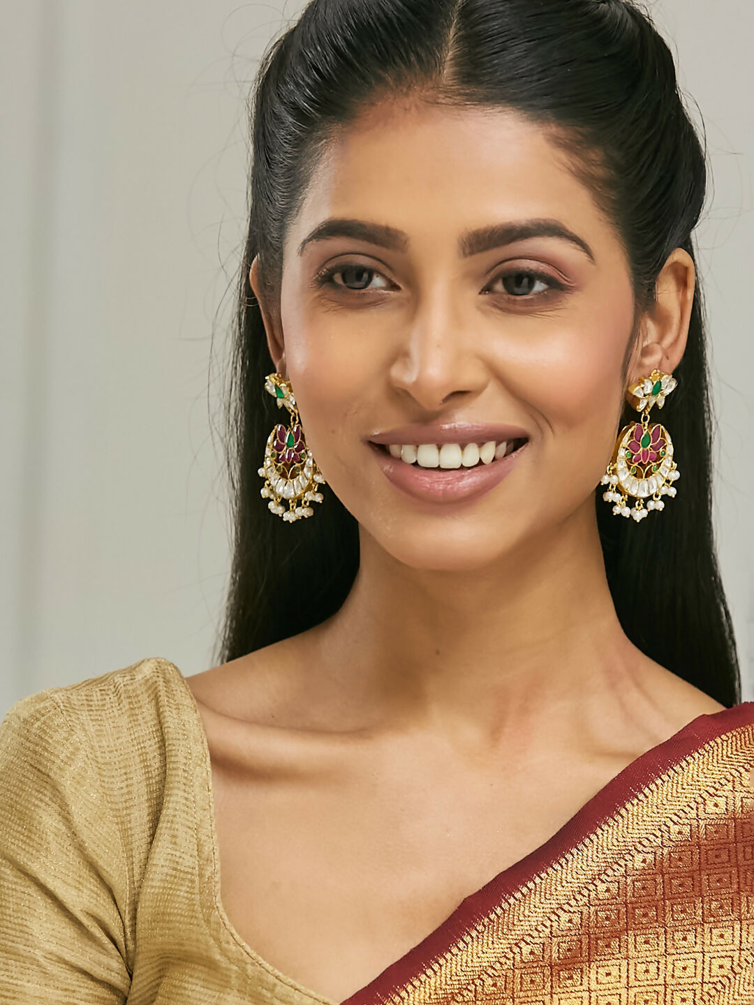 Nuyug 22K Gold-Plated Exquisite Kundan Stone Studded & Pearl Beaded Floral Traditional Chandbalis