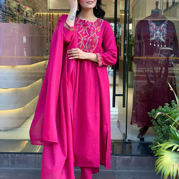 The52 Pink Women's Gorgeous Chanderi Fabric Embroidered Work Straight Kurta Pant and Dupatta Set - Distacart
