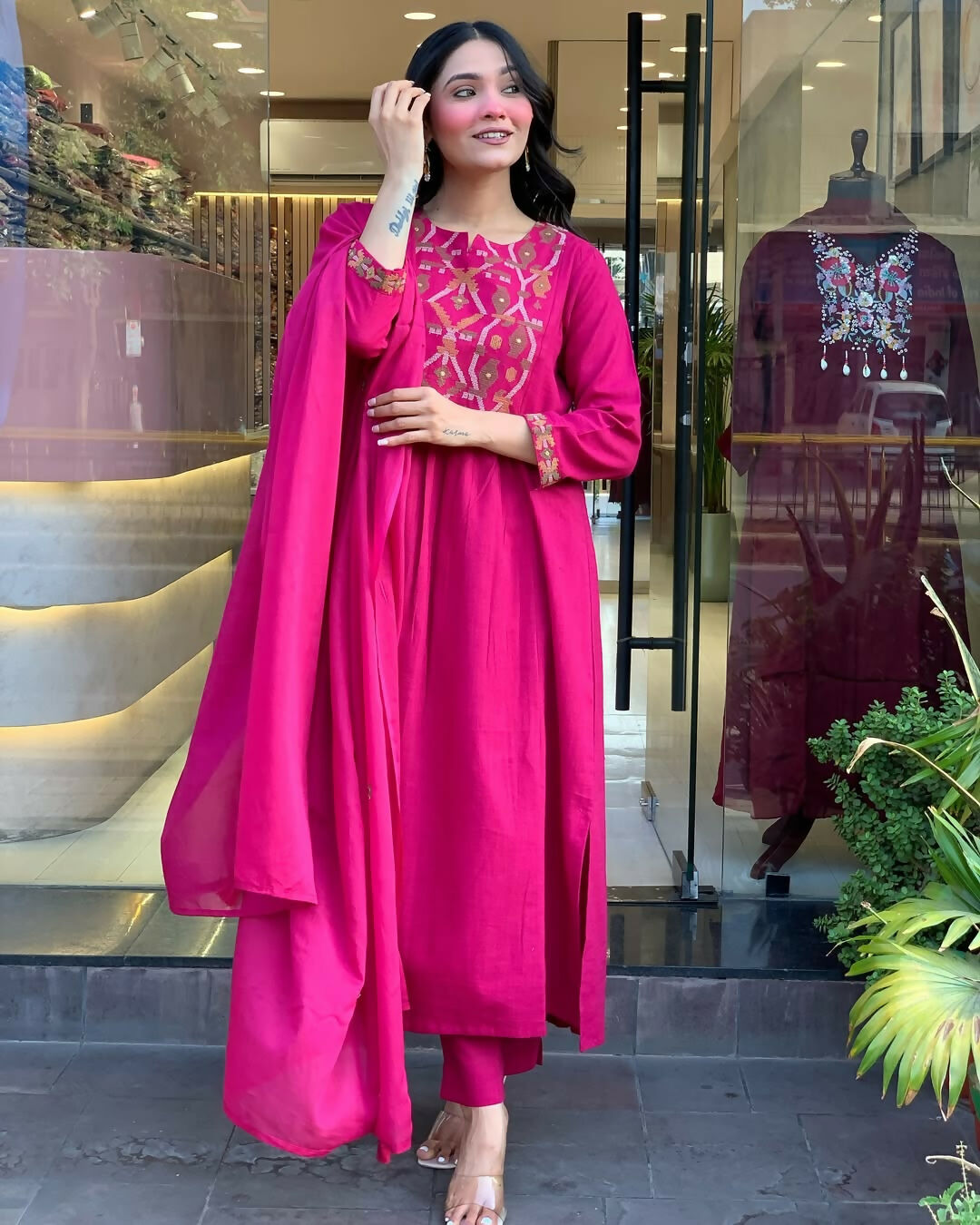 The52 Pink Women's Gorgeous Chanderi Fabric Embroidered Work Straight Kurta Pant and Dupatta Set