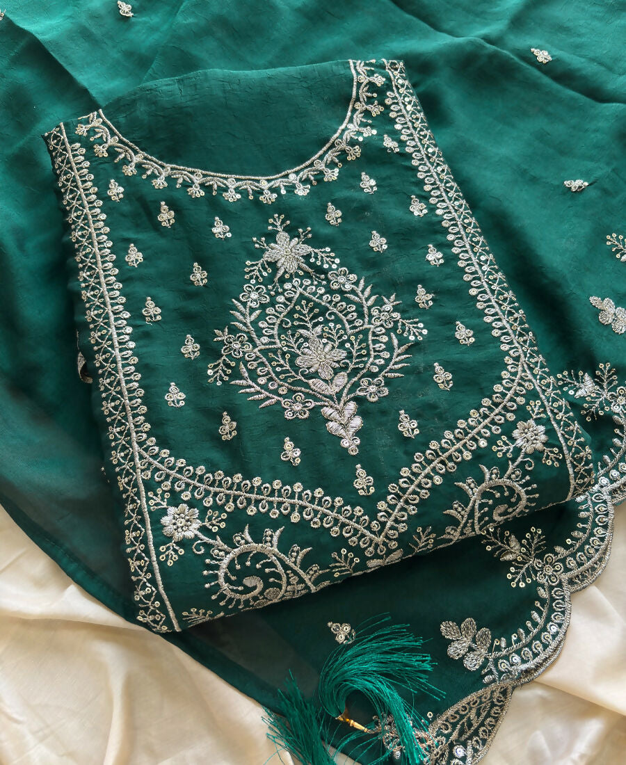 KC Green Wedding Wear Embroidered Crush Silk Salwar Suit - Dista