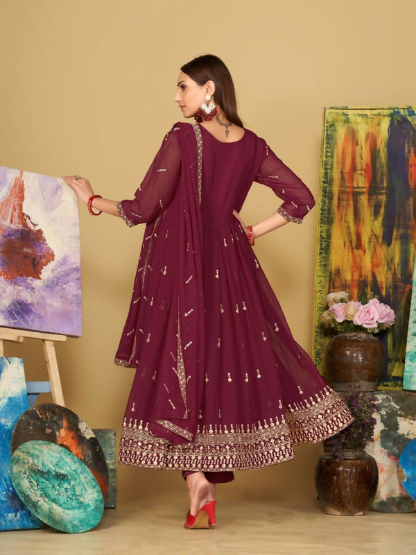 Jyoti Fashion Women's Rani Pink Georgette Embroidered Anarkali Kurta Pant Set With Dupatta - Distacart