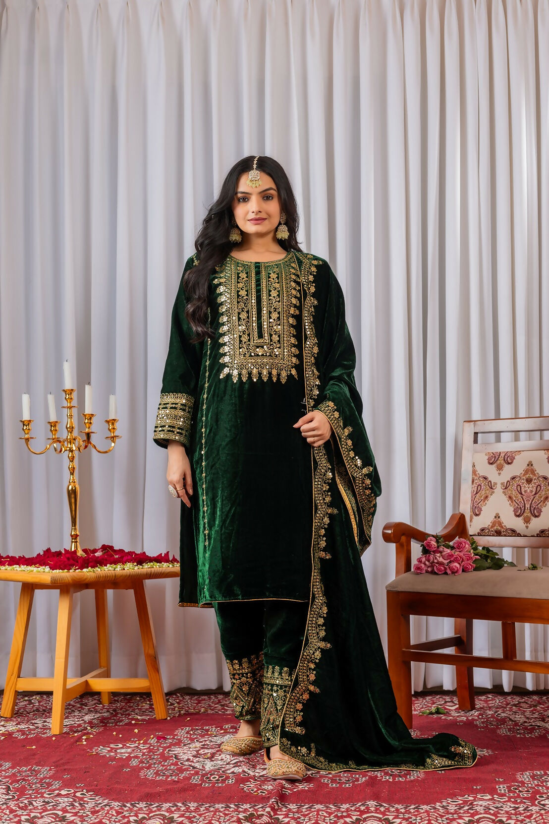 Joban Fashion Green Velvet Sequence Embroidery Work Kurta Set