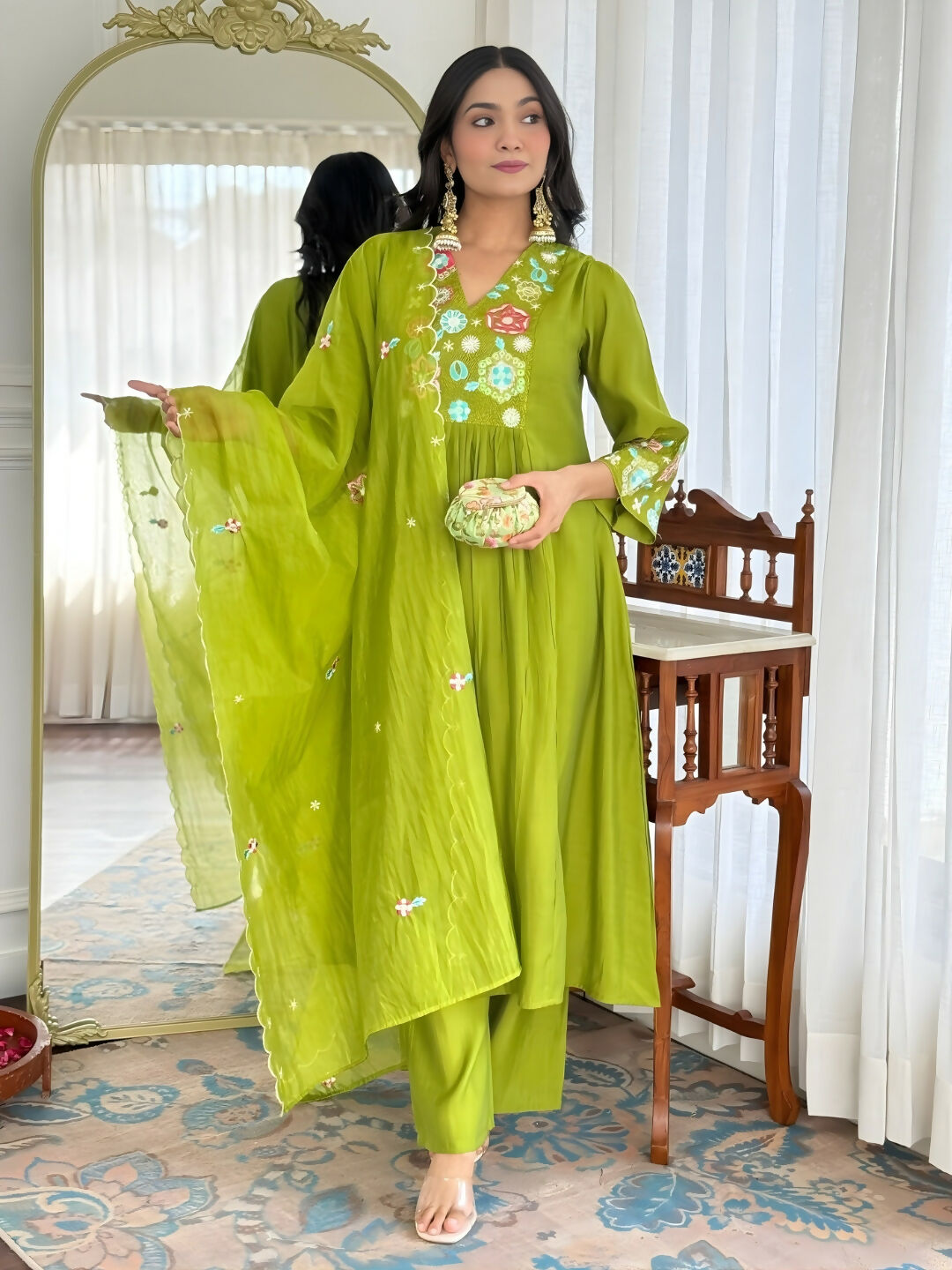 The52 Women's Beautiful Embroidery Work Viscose Silk Fabric Flared Kurta Pant and Dupatta Set-Liril - Dista
