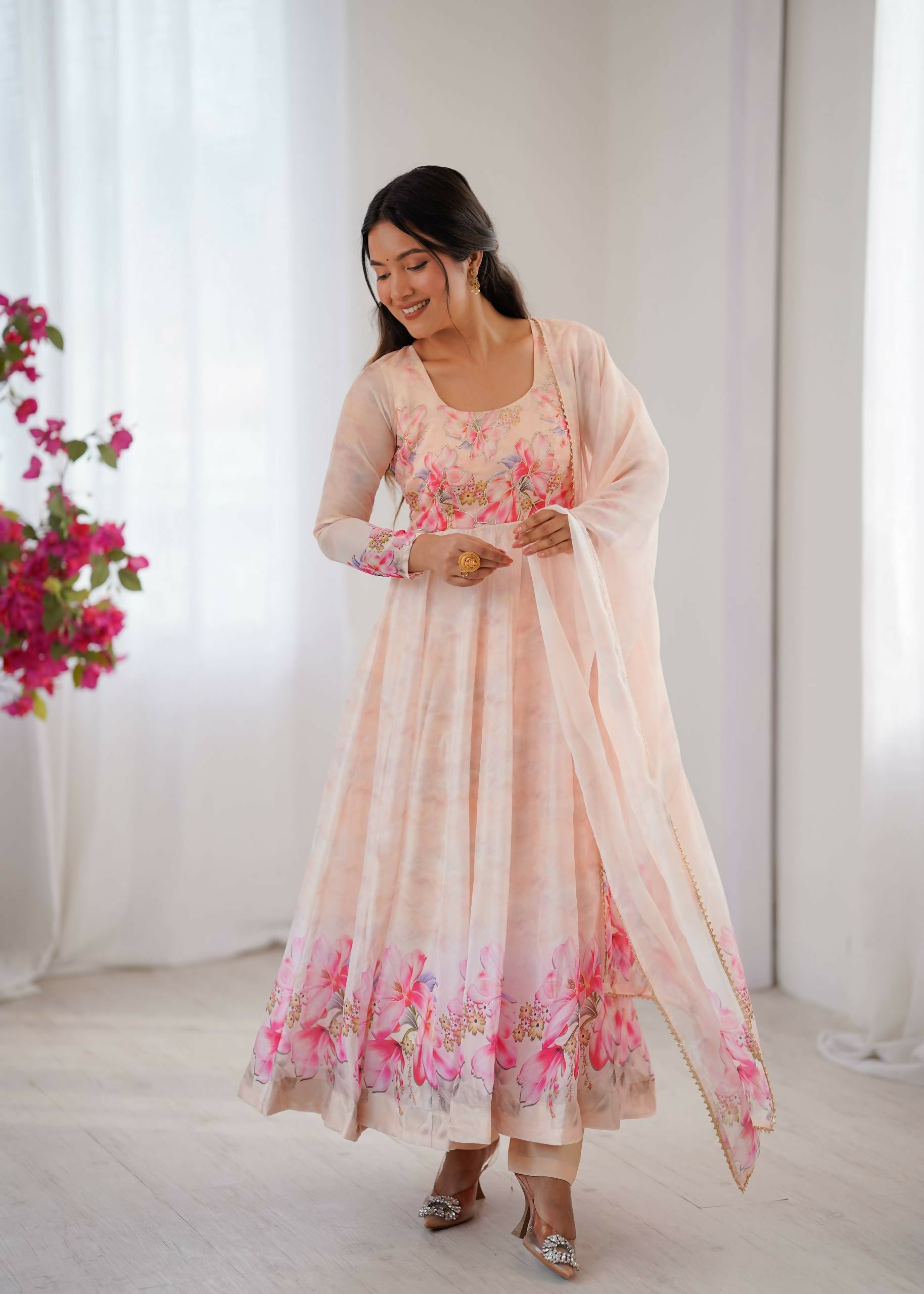 Teeya Creation Womens New Organza Soft Taby Silk Heavy Quality Fabric With Digital Print Baby-Pink Gown Set - Dista