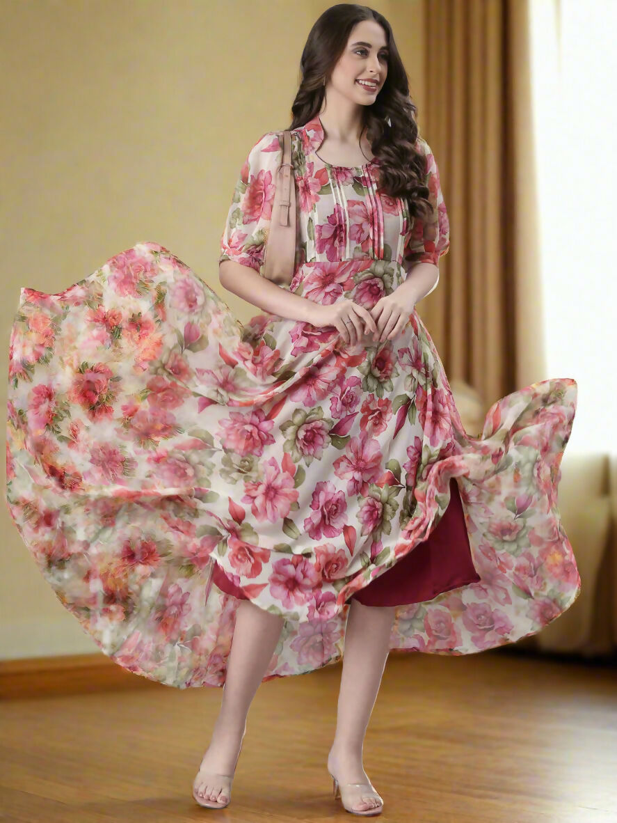 Souchii Cream Floral Chiffon Dress - Dista