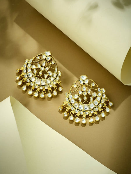 Nuyug 22K Gold-Plated Kundan Stone Studded & Pearl Beaded Moon Chandbalis