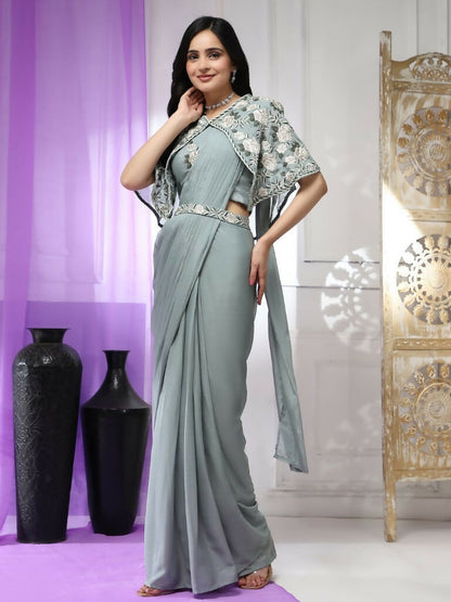 Sea Green Chiffon Solid Ready to wear Saree with stitched Blouse - Aayan - Distacart