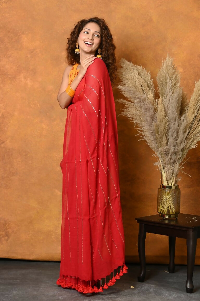 Very Much Indian Pure Mul Cotton Handloom Saree - Red - Distacart