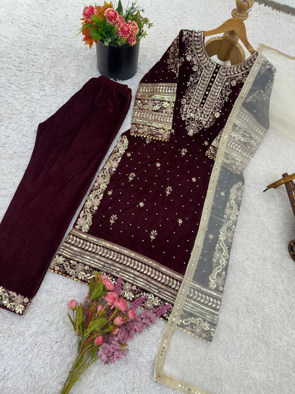 Teeya Creation Maroon Color Velvet Designer Embroidery Work party Wear Suit