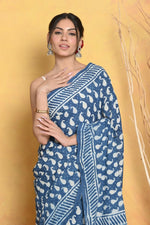 Thumbnail for Very Much Indian Handblock Printed Cotton Saree With Natural Dyes - Blue - Distacart