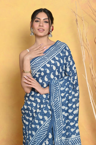 Very Much Indian Handblock Printed Cotton Saree With Natural Dyes - Blue - Distacart
