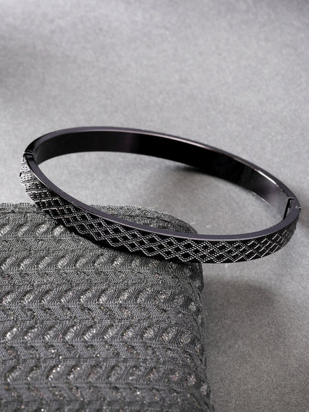 NVR Men's Black Rhodium-Plated Stainless Steel Kada Bracelet - Distacart