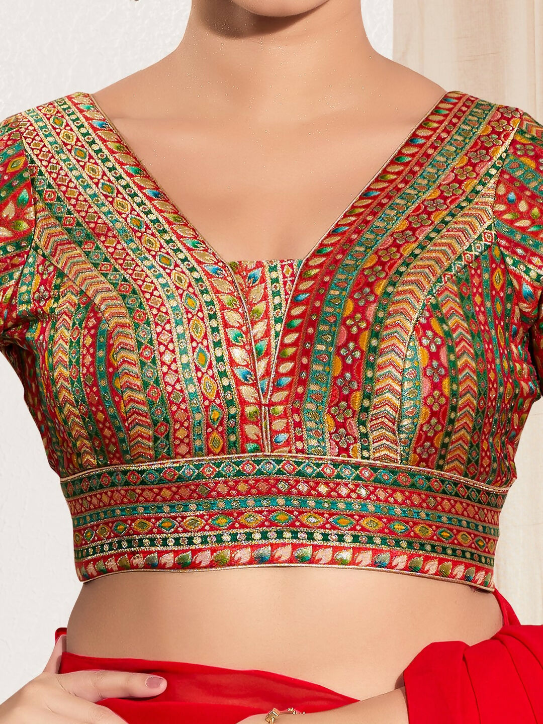 Joban Fashion Red Multi Brocade Padded Blouse With V Neck Elbow Sleeves