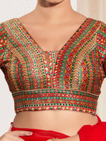 Thumbnail for Joban Fashion Red Multi Brocade Padded Blouse With V Neck Elbow Sleeves