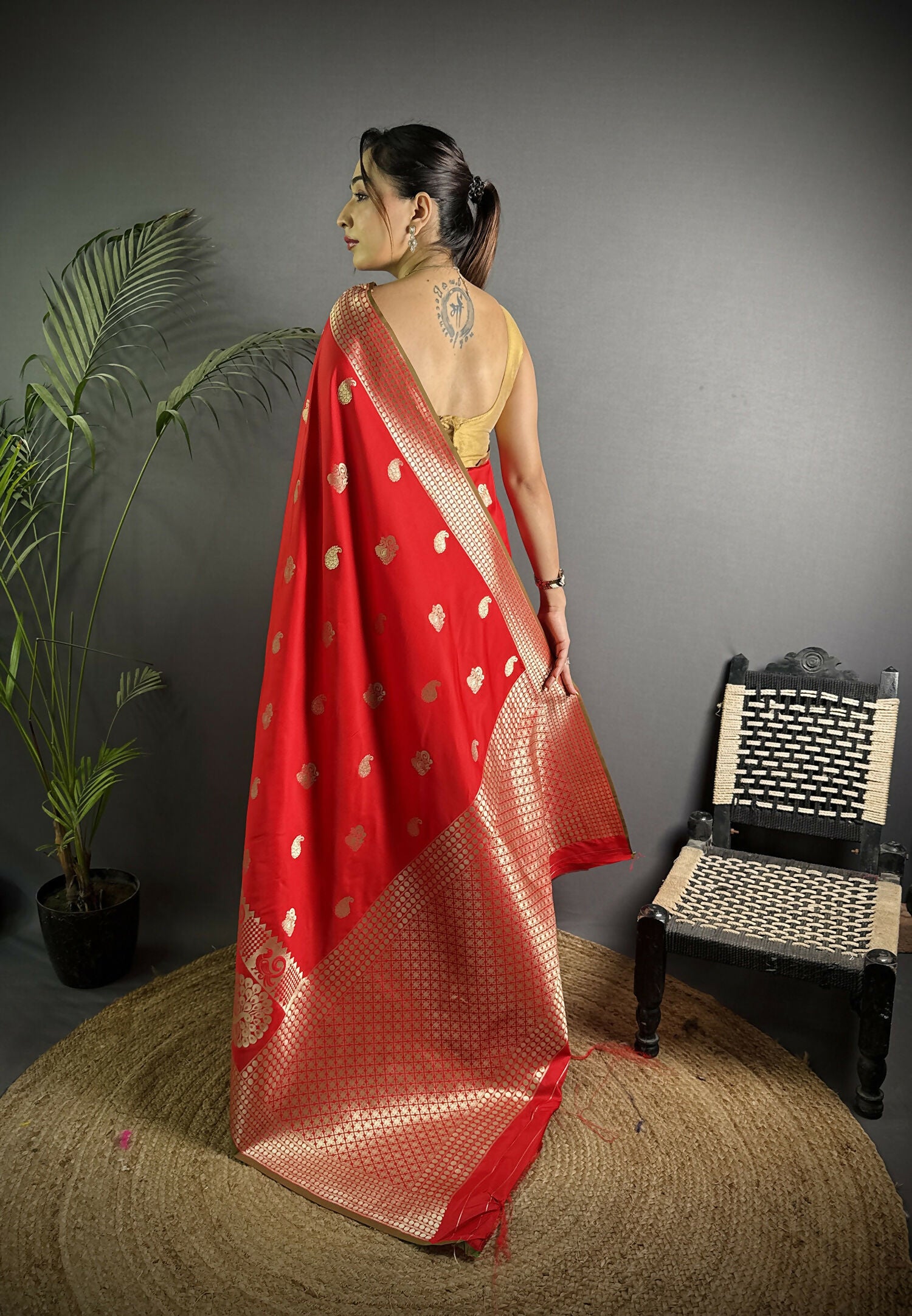 Joban Fashion Red Banarasi Soft Lichi Silk Paisley Saree
