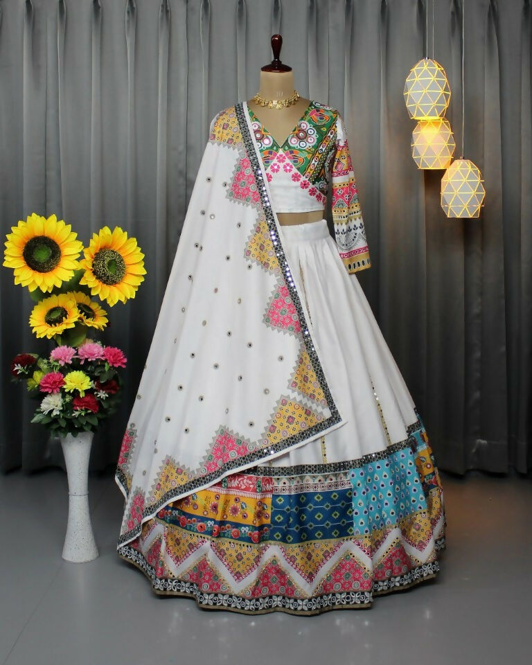 Preksha Creation Indian Festive Butter Soft Silk With Digital Print And Real Mirror Work Women Lehenga Choli - White - Distacart