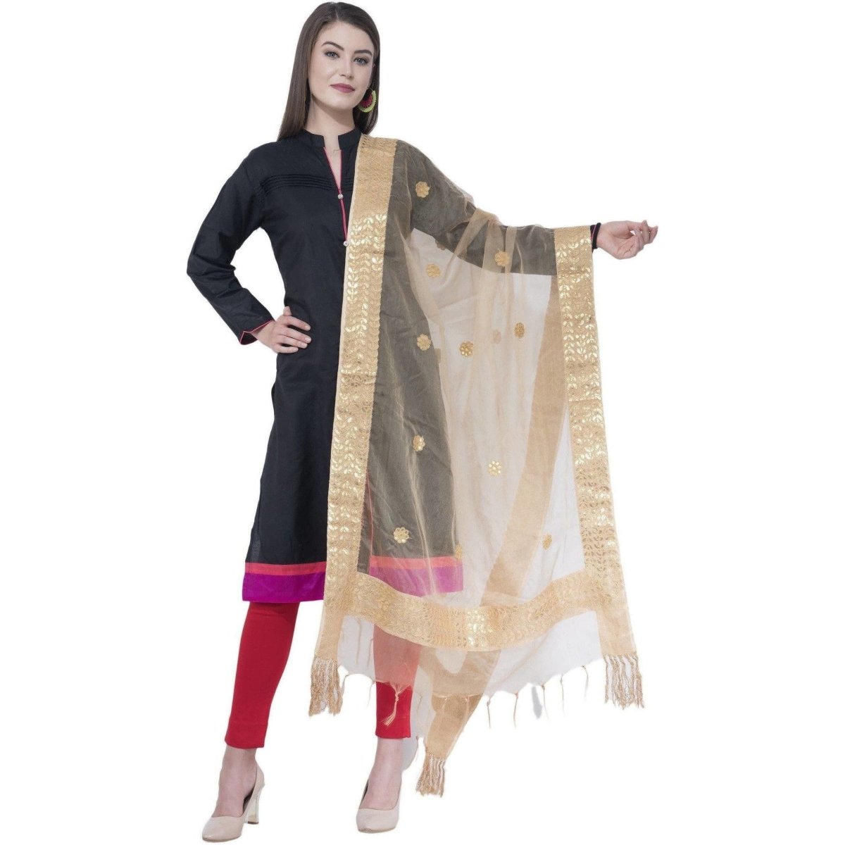 A R Silk Women's Gotta Patti Embroidery Orgenza Cotton Golden Dupattas and Chunnis