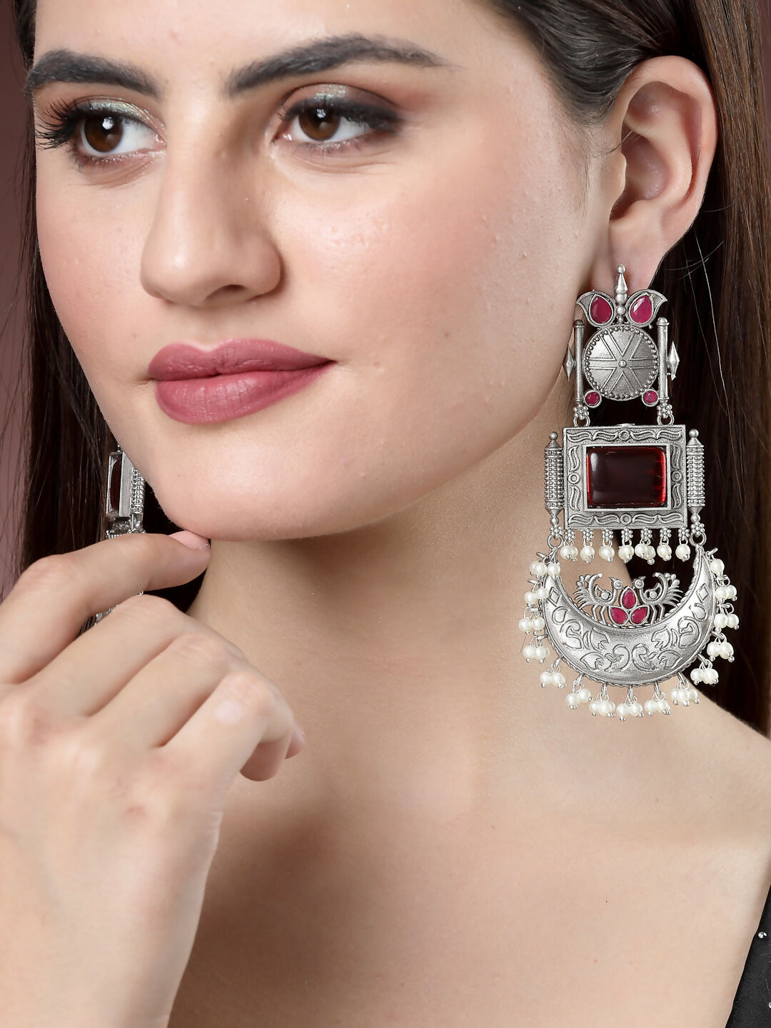NVR Women's Silver-Plated Artificial Stones and Beads Chandbali Earrings - Distacart