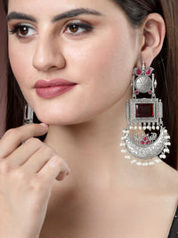 Thumbnail for NVR Women's Silver-Plated Artificial Stones and Beads Chandbali Earrings - Distacart